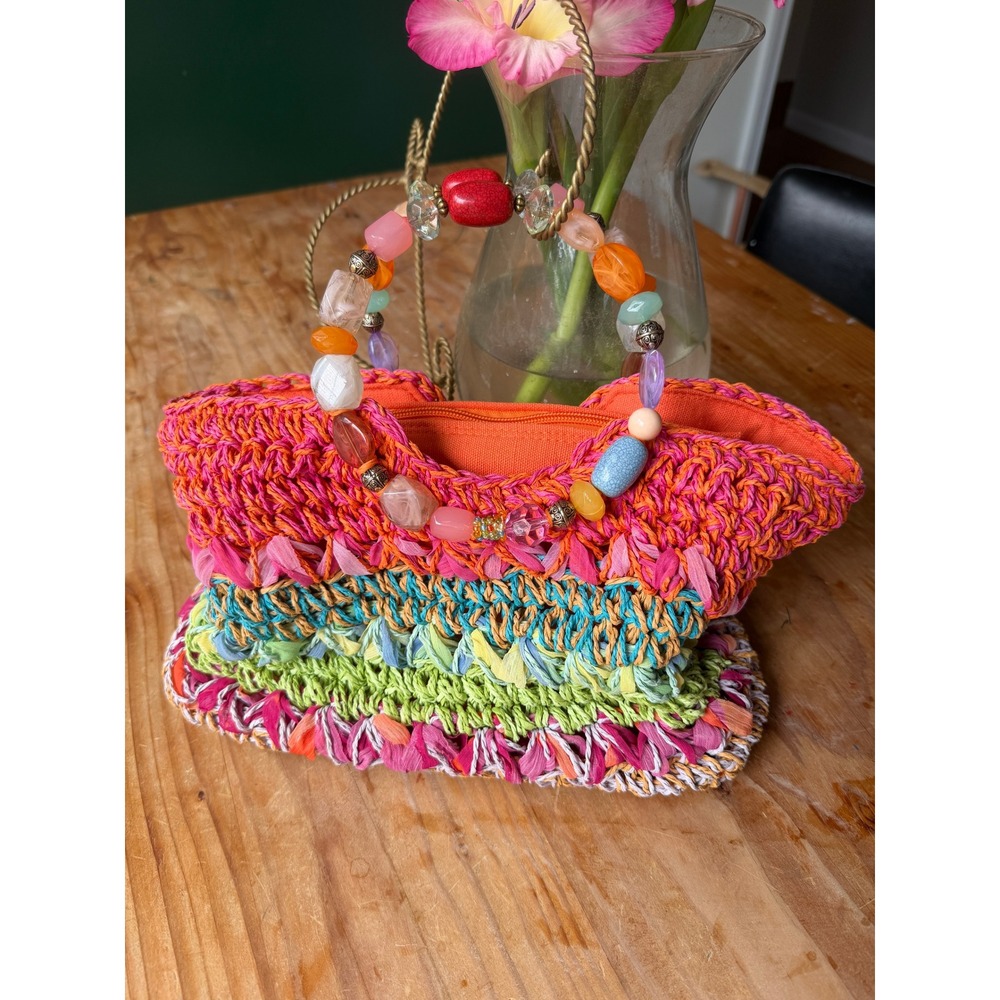 Cappelli Straworld Multicolor Crochet Toyo Handbag Beaded Rope Handle bright